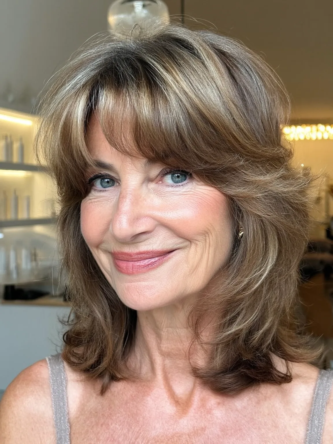 Shoulder-Length Feathered Layers with Warm Caramel Highlights